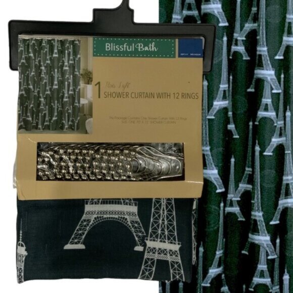 Blissful Bath Paris Shower Curtain Fabric Paris Eiffel Tower Hooks Black White - Picture 4 of 15